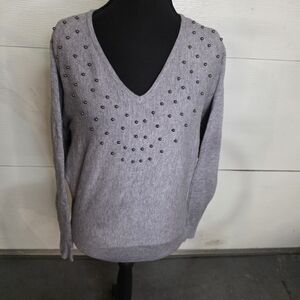 Carmen Marc Valvo Gray V-Neck Sweater with Stud Accents